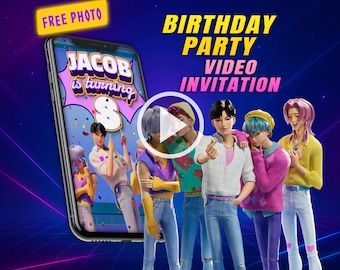 K-pop Saja boys birthday video invitation, digital animated mobile personalized invite | free photo option