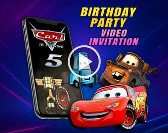 Cars movie birthday party video invitation, Lightning McQueen digital animated mobile invite for boys