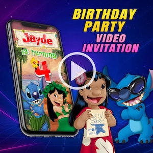 Lilo and Stitch birthday party video invitation, Hawaii digital animated video for mobile, Aloha Ohana personalized invite for girl and boy