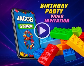 Brick building blocks birthday party video invitation, blocks digital animated video for mobile, girl and boy personalized invite
