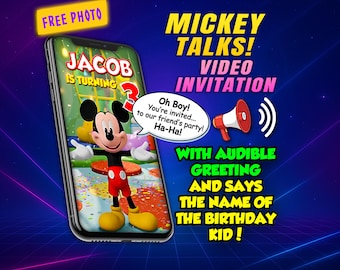 Mickey talks birthday video invitation, digital animated personalized invite with voice and free photo