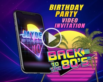 Retro birthday party video invitation for mobile, back to the 80s digital animated personalized invite for man and woman