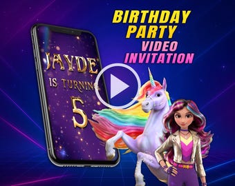 Unicorns birthday party video invitation, digital animated mobile personalized invite