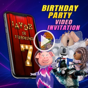 Sing movie birthday party video invitation, kids digital animated video for mobile, girl and boy personalized invite