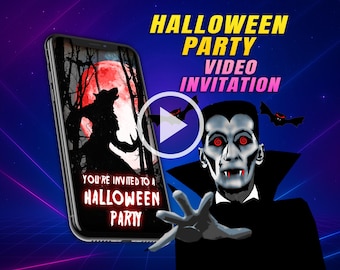 Halloween retro style party video invitation, spooky digital animated video for mobile, birthday personalized invite for girl and boy