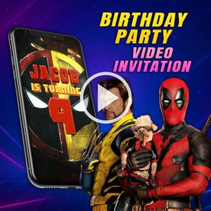 May include: A digital birthday party video invitation featuring a smartphone with a superhero theme. The phone displays "Jacob is turning 9" with a superhero graphic. The background includes Wolverine, Deadpool, and a dog in a costume.