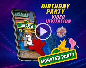 Monsters birthday party video invitation, baby digital animated video for mobile, girl and boy personalized invite