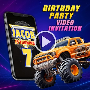 Könnte beinhalten: Eine Geburtstagsparty-Videoeinladung zeigt einen orangefarbenen Monstertruck mit großen schwarzen Reifen. Die Einladung enthält den Namen "Jacob" und die Zahl "7". Der Text lautet "Geburtstagsparty Video Einladung".