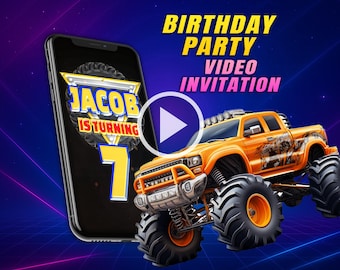 Monster truck birthday party video invitation, monster Jam digital animated video for mobile, big wheels personalized invite for boy