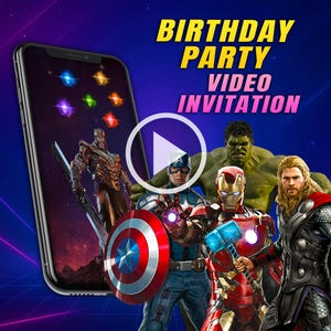 Puede incluir: Un smartphone muestra una invitación en vídeo para una fiesta de cumpleaños, con superhéroes de Marvel. El texto "BIRTHAY PARTY VIDEO INVITATION" se muestra en amarillo y rosa. El fondo es un degradado de azul y morado con un patrón de cuadrícula.