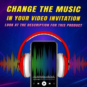May include: A smartphone with a music waveform graphic, red headphones, and text that reads "CHANGE THE MUSIC IN YOUR VIDEO INVITATION". The background is a gradient of blue, purple, and pink.
