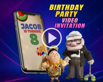 Up movie birthday party video invitation, adventure journey digital animated video for mobile, girl and boy personalized invite
