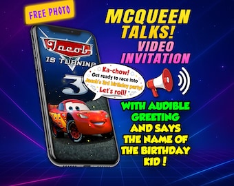 McQueen talks birthday video invitation, digital animated personalized invite with voice and free photo