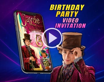 Willy Wonka movie birthday party video invitation, chocolate factory digital animated video for mobile, girl and boy personalized invite