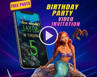 Little mermaid movie birthday party video invitation, Ariel digital animated video for mobile, free photo personalized invite for girls