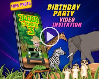 Safari adventure birthday party video invitation, jungle digital animated mobile invite with free photo