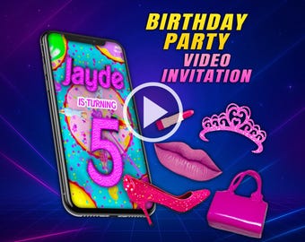 Girly birthday party video invitation, doll in pink digital animated video for mobile, personalized invite for girls