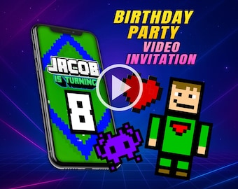 Pixel game birthday party video invitation, game blocks digital animated video for mobile, girl and boy personalized invite