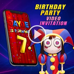 May include: A digital birthday party video invitation on a smartphone. The screen displays "Jayde is turning 7" with colorful confetti. A cartoon jester figure with a red, blue, and yellow outfit is in the foreground. The text "Birthday Party Video Invitation" is at the top.