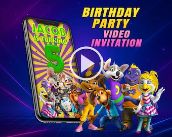 Chuck E. Cheese birthday video invitation, pizza and arcades digital animated mobile personalized invite
