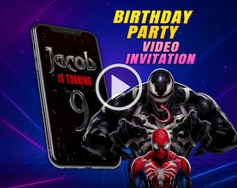 Venom and Spiderman birthday video invitation, Marvel superheroes digital animated mobile personalized invite