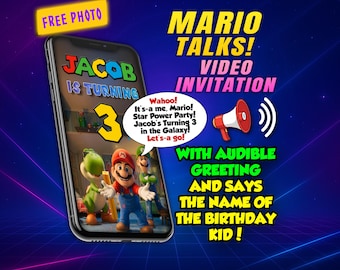 Super Mario talks video invitation, digital animated personalized invite with voice and free photo