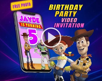 Pink Toy story birthday video invitation, digital animated mobile personalized invite | free photo option
