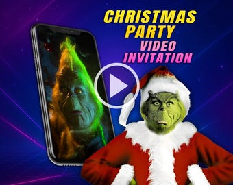 Grinch movie birthday party video invitation, Christmas event digital animated video for mobile, girl and boy personalized invite