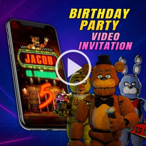 May include: A digital birthday party video invitation on a smartphone screen. The invitation features the text "Birthday Party Video Invitation" and the name "Jacob is turning 5". Animated characters are also visible.