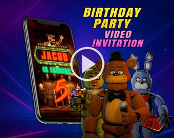 Five Nights at Freddy birthday party video invitation, animatronics digital animated mobile personalized invite