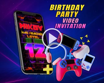 Game birthday party video invitation, gaming digital animated video for mobile, girl and boy personalized invite