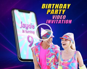 Girly movie birthday party video invitation, doll in pink digital animated video for mobile, personalized invite for girls