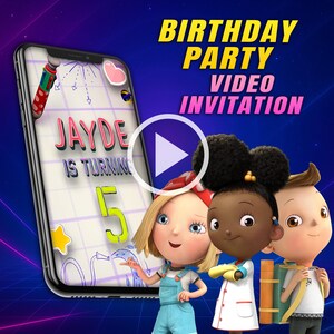 May include: A digital birthday party video invitation featuring three animated children. The invitation on the phone screen reads "JAYDE IS TURNING 5." The background is a gradient of blue and purple with the words "BIRTHDAY PARTY VIDEO INVITATION."