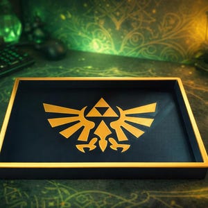May include: A rectangular tray with a gold trim and a dark blue interior, displaying the Triforce emblem from the Legend of Zelda. The gold emblem stands out against the dark background. Ideal for storing small items, this tray is a tribute to the video game.