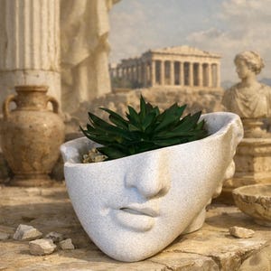 Può includere: Un vaso bianco, dalla texture simile alla pietra, a forma di volto umano, che contiene una pianta succulenta verde. Il vaso è ambientato sullo sfondo di un'architettura classica, tra cui colonne e statue, che evoca l'antica Grecia.
