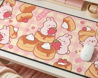 Kawaii Pancake Bunny Desk Mat, Large Desk Pad, Anime Mousepad, Cozy Pink Gamer Desk Mat 16” x 32”