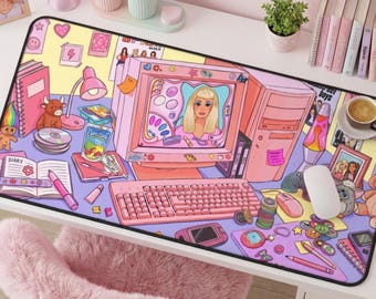 Pink 90s Core Aesthetic Gaming Desk Mat - Large Mousepad 16" x 32"
