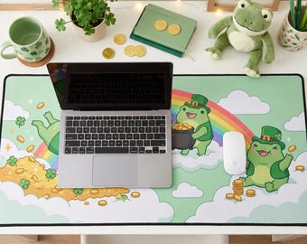 Kawaii St Patrick Frogs Desk Mat Cute Green Mouse Pad | Pastel Rainbow Desk Pad | Large 16x32  Gaming Mat | Kawaii Aesthetic Desk Mat