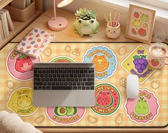 Kawaii Froggy Fruits Desk Mat Mousepad Gaming Set Up Computer Desk Water Resistant Mat Cute Cozy Frogs Desk Mat 16” x 32”