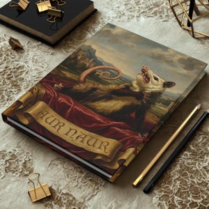 May include: Hardcover journal featuring a vintage painting of an opossum reclining on red fabric. The opossum has its mouth open and its tail curled. The journal has the text "AUR NAUR" on a banner. Gold and black pencils and paper clips are nearby.
