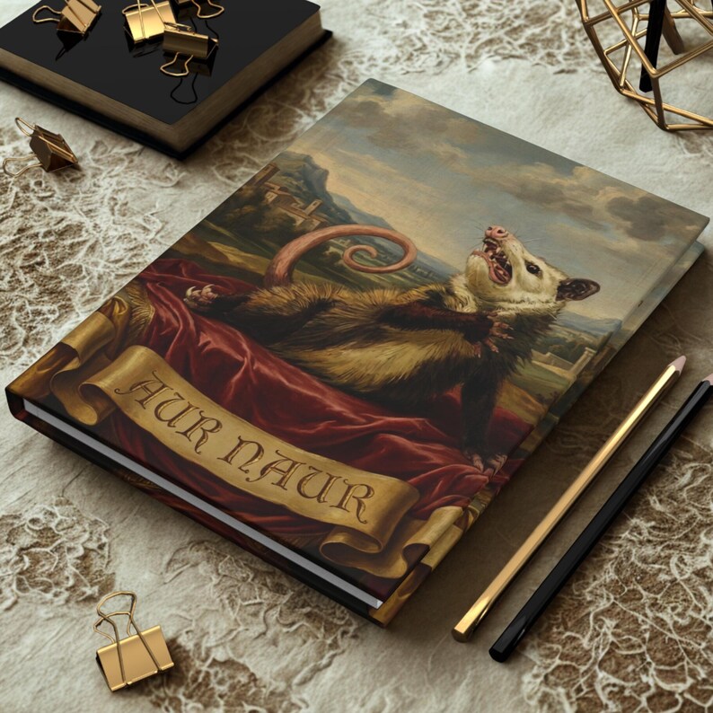 May include: Hardcover journal featuring a vintage painting of an opossum reclining on red fabric. The opossum has its mouth open and its tail curled. The journal has the text "AUR NAUR" on a banner. Gold and black pencils and paper clips are nearby.