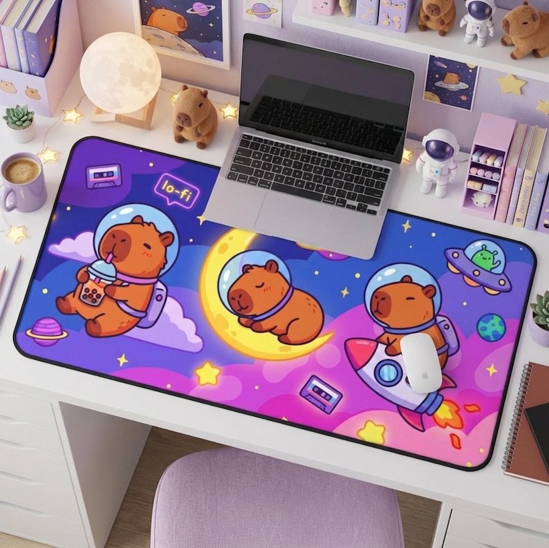 Cozy Lofi Kawaii Capybara Desk Mat, Large Desk Mat, Anime Mouse Pad ...