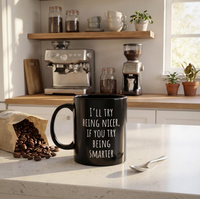 May include: A black coffee mug with the text "I'll try being nicer, if you try being smarter." The mug is on a white countertop next to a bag of coffee beans and a spoon. A coffee machine and grinder are in the background.