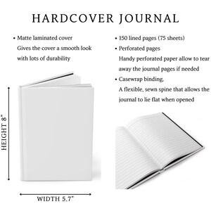 May include: A white hardcover journal with the text "HARDCOVER JOURNAL". The journal is 8 inches tall and 5.7 inches wide, with 150 lined pages. Features include a matte laminated cover and perforated pages.
