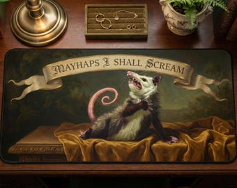 Funny Renaissance Possum Desk Mat | “Mayhaps I Shall Scream” Desk Pad | Whimsical Cottagecore Aesthetic Large Mousepad | 16" x 32"