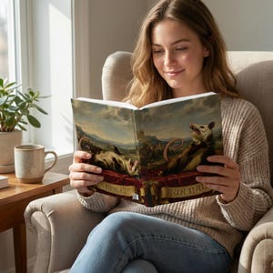 May include: A hardcover book with a painting of opossums in a landscape. The book is open, displaying the artwork. The text on the book reads "IS THE END" and "AUR NAT". The book is held by a person.