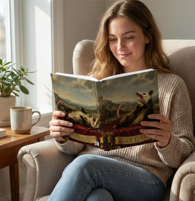 May include: A hardcover book with a painting of opossums in a landscape. The book is open, displaying the artwork. The text on the book reads "IS THE END" and "AUR NAT". The book is held by a person.