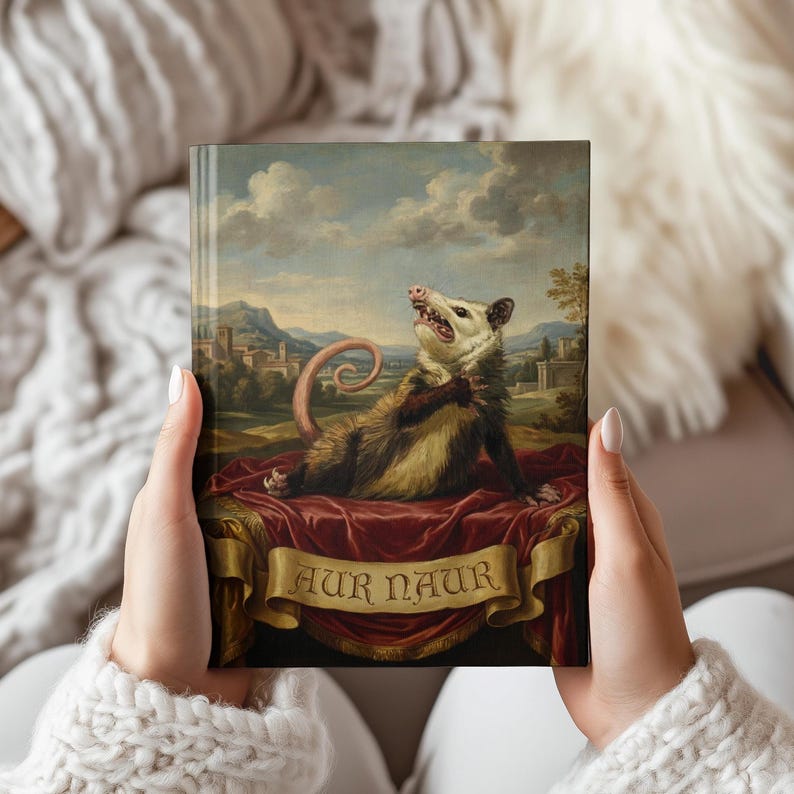 May include: A hardcover journal featuring a vintage painting of an opossum. The opossum is lying on a red velvet cloth with a banner that reads "AUR NAUR". The background depicts a landscape with a town and cloudy sky.