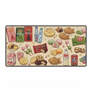 Puede incluir: Una alfombrilla rectangular con una variedad de aperitivos y dulces japoneses. El dise&ntilde;o incluye cajas de Pocky, botellas de Ramune, taiyaki, mochi y otras golosinas en un estilo ilustrado colorido. La alfombrilla tiene un fondo beige.