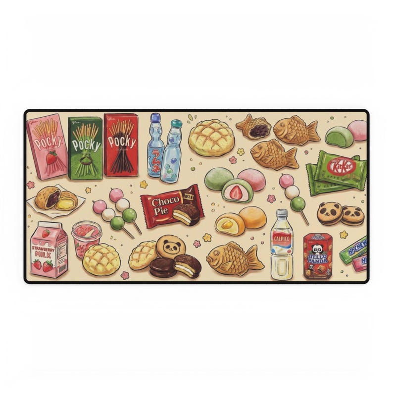 Puede incluir: Una alfombrilla rectangular con una variedad de aperitivos y dulces japoneses. El dise&ntilde;o incluye cajas de Pocky, botellas de Ramune, taiyaki, mochi y otras golosinas en un estilo ilustrado colorido. La alfombrilla tiene un fondo beige.